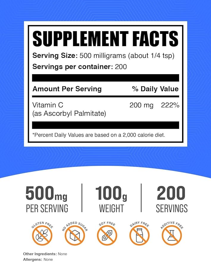 BulkSupplements.com Ascorbyl Palmitate Powder - Vitamin C Ester, Ascorbyl Palmitate 500mg - Vitamin C Supplement, Gluten Free, 500mg per Serving, 100g (3.5 oz) (Pack of 1)