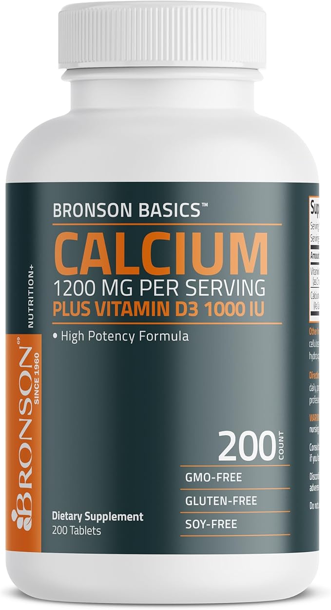 Bronson Calcium 1200mg Per Serving Plus Vitamin D3 1000 IU High Potency Formula, Non-GMO, 200 Tablets