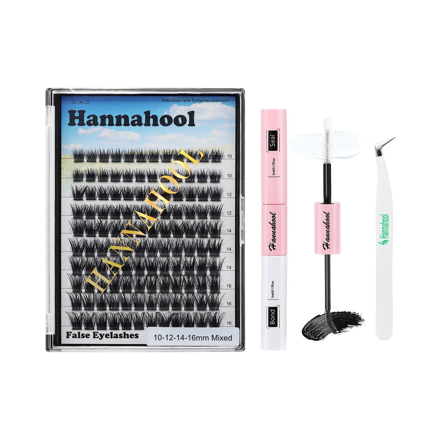 Hannahool 120pcs D Curl Individual Wide Stem Cluster DIY Eye Lashes Extensions Mixed 10-12-14-16mm/14-16-18mm/12-14-16mm Makeup Dramatic Volume Lashes (Lashes kit -mixed 10-12-14-16mm)