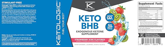 Ketologic Keto BHB (Strawberry Kiwi Flavor) 30 Servings - Exogenous Ketone Supplement with goBHB, Beta-Hydroxybutyrate Salts