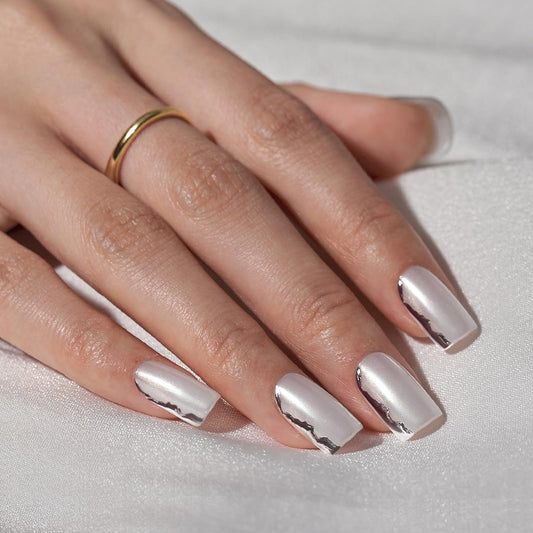 BTArtbox Press On Nails Short - White Press On Nails with 3D Sculpting Metallic Design, Square Fake Nails for Women Gift, Supremely Fit Glue On Nails in 16 Sizes, Chromium