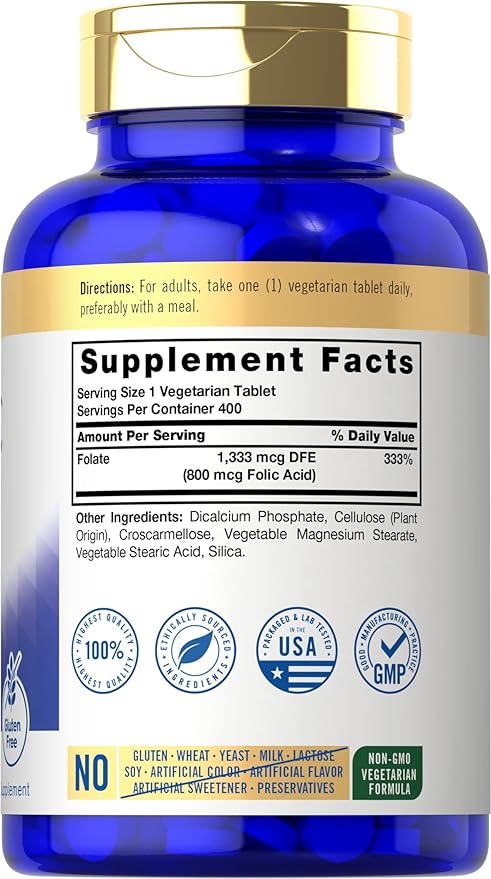 Carlyle Folic Acid 800 Mcg Tablets | 400 Count | Vegetarian, Non-GMO, Gluten Free
