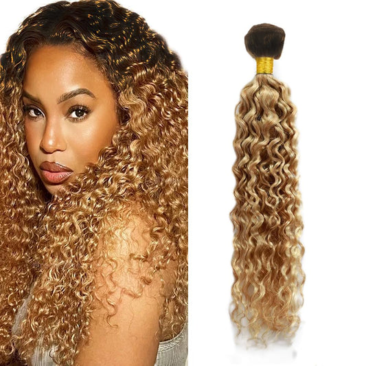 Honey Blonde Bundles Human Hair 1b27 Water Wave Bundles Peruvian Ombre Bundles Virgin Remy Hair 1 Bundle 24 Inch Two Tone Black and Blonde Bundles Soft and Shiny Hair Weave