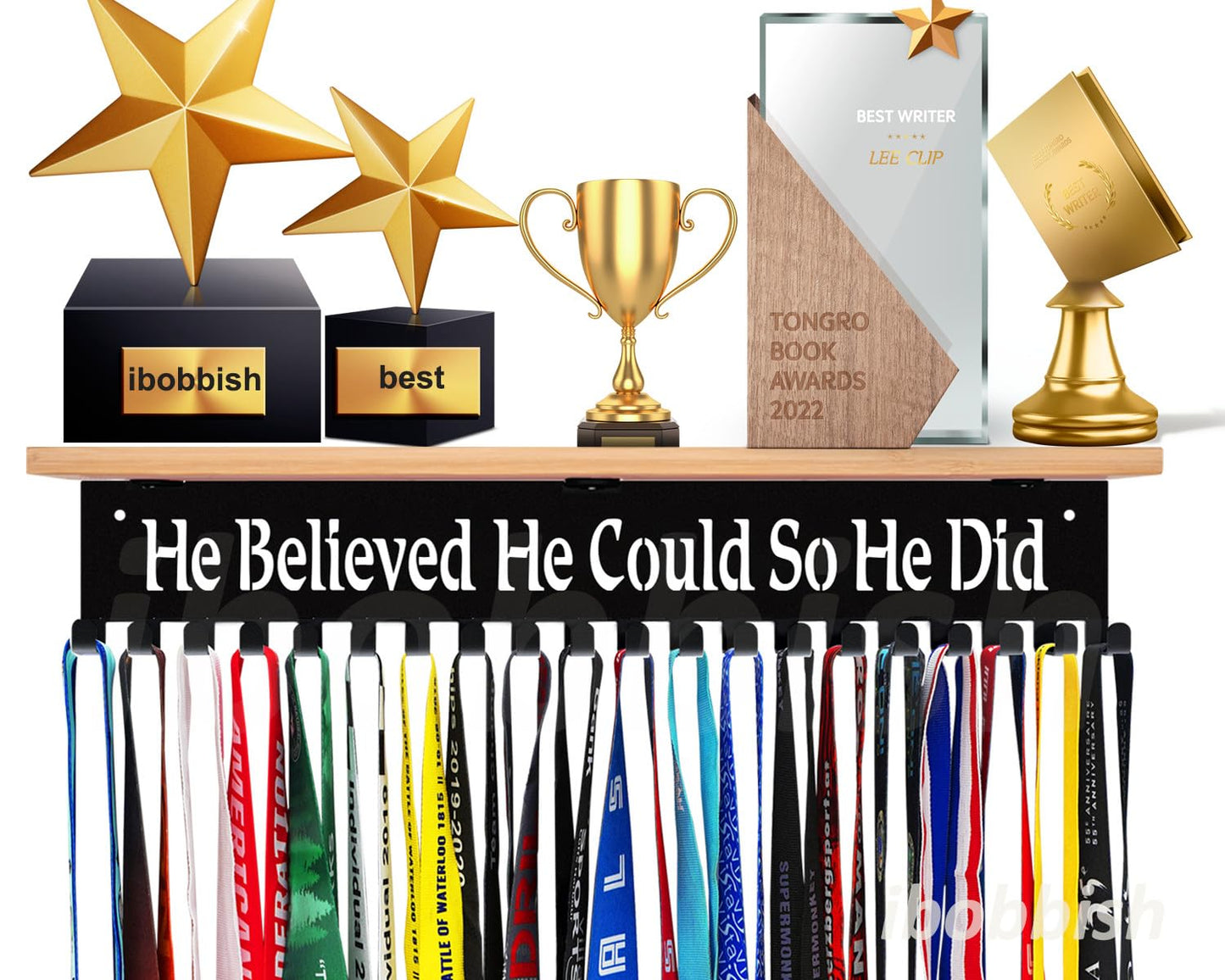 iBobbish Premium Trophy and Medal Display Shelf 16inchL,Metal Trophy Shelf with hooks Upgraded,Large Trophy Board Display,HE BELIEVED HE COULD SO HE DID Medal Hanger display shelf