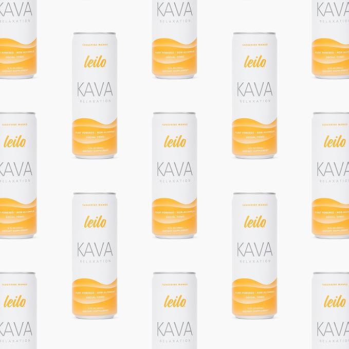 LEILO | Kava Powered Sparkling Relaxation Drink | Tangerine Mango 12-Pack – Non-ALC Calming Beverage | 12 fl oz Cans (Pack of 12) | Packaging May Vary