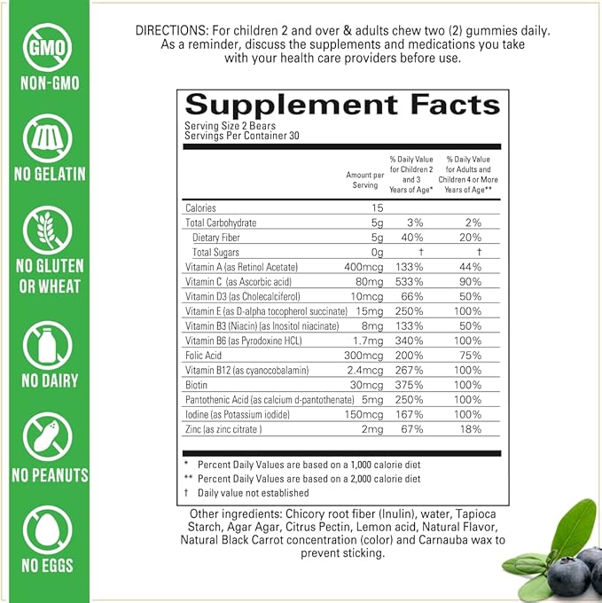 Kids Multivitamin Gummies - Sugar Free, Vegan, Non-GMO, Vitamin A, D, B6, B12 and C - No Artificial Sweeteners, Gluten-Free, Gelatin-Free - 60 Count (30 Day Supply)