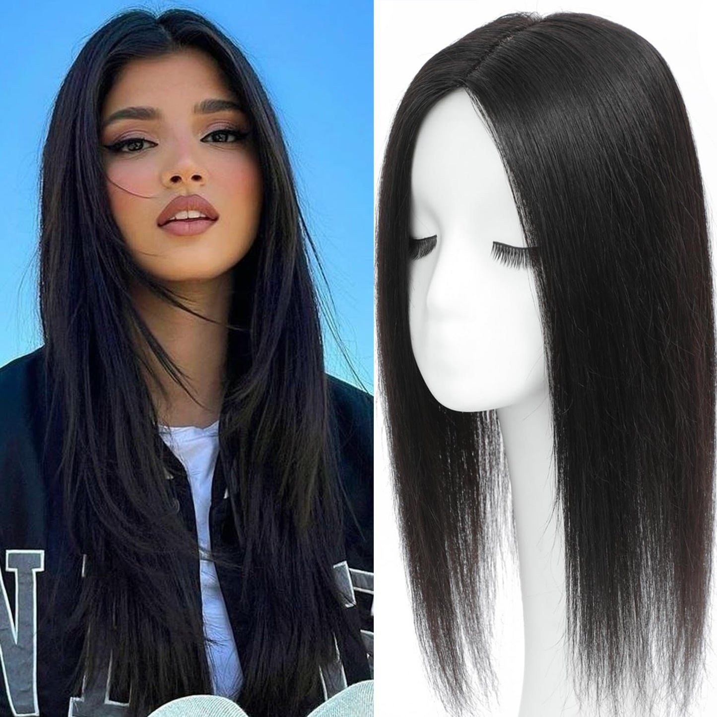 Hair Toppers for Women Real Human Hair, 360° 3D Human with Thinning Upgrade Middle Part Clip in Bangs Topper Hair Pieces for Women Daily(Black, 18 Inch)