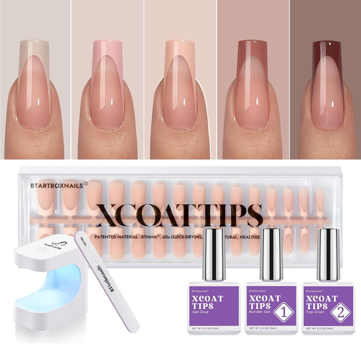BTArtboxnails XCOATTIPS French Gel Nails - Skin Tones Press on Nails Square, Long Soft Gel Nail Tips with Nail Gel, French Protecting Duo, Nail Lamp, All in One Fake Nail