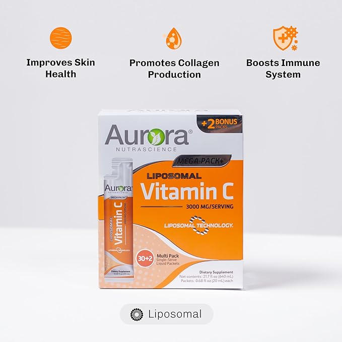 Aurora Nutrascience Mega-Pack Liposomal Vitamin C, Immune Support, 3,000 mg per Serving, Vegan, Gluten Free, Non-GMO, 32 Single Serve Packets, Orange