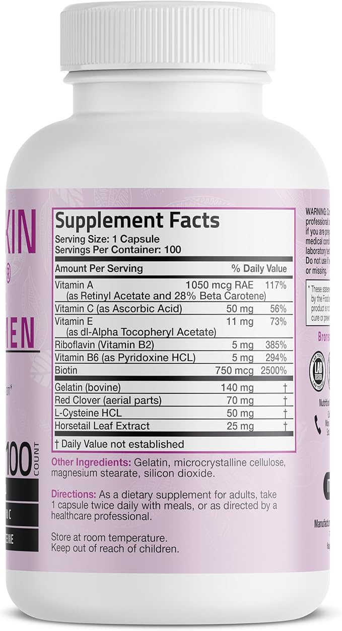 Bronson Hair, Skin & Nails with Biotin Extra Strength Vitamin Supplement for Women, 100 Capsules