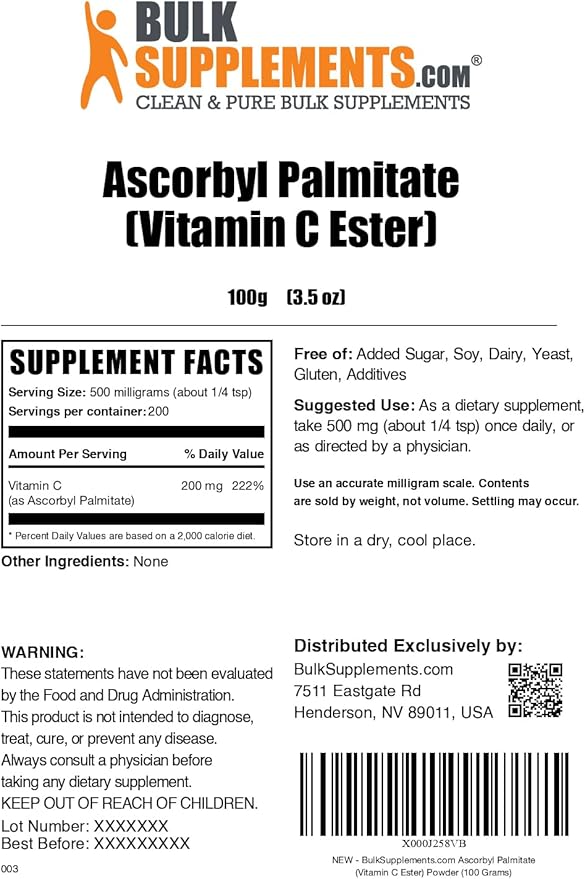 BulkSupplements.com Ascorbyl Palmitate Powder - Vitamin C Ester, Ascorbyl Palmitate 500mg - Vitamin C Supplement, Gluten Free, 500mg per Serving, 100g (3.5 oz) (Pack of 1)