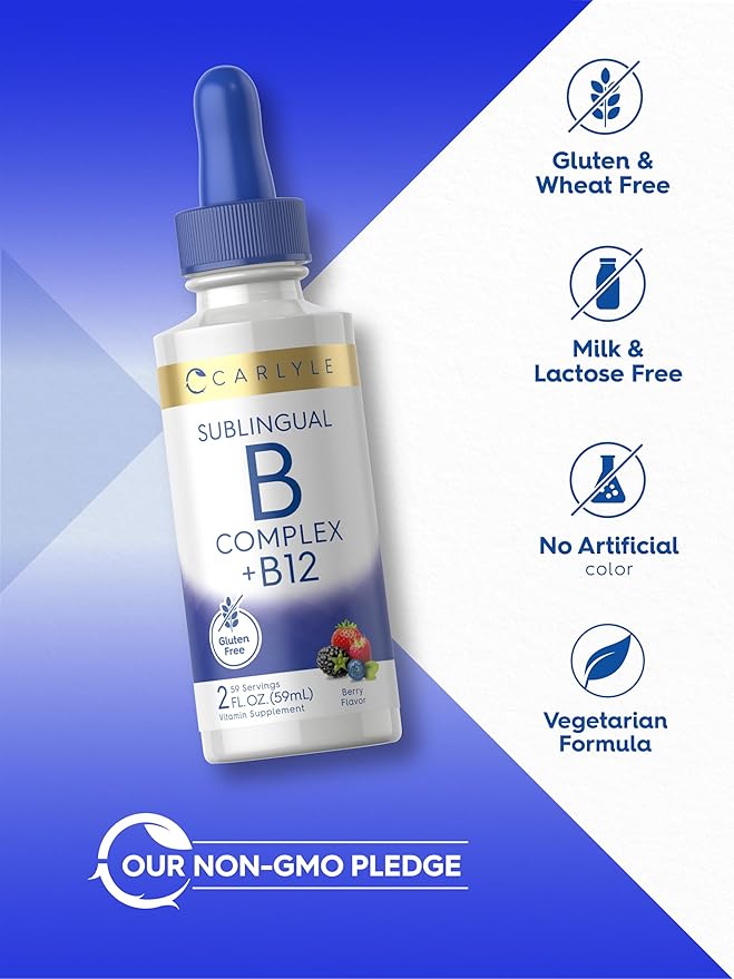 Carlyle Sublingual Vitamin B Complex | with B12 | 2 Fluid Ounces | Berry Flavor | Vegetarian, Non-GMO, and Gluten Free Supplement