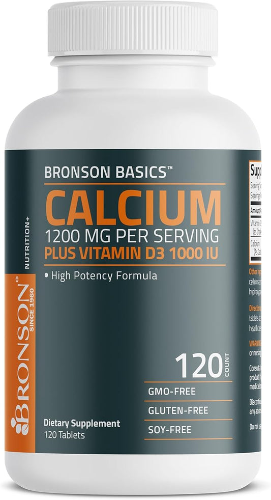 Bronson Calcium 1200mg Per Serving Plus Vitamin D3 1000 IU High Potency Formula, Non-GMO, 120 Tablets