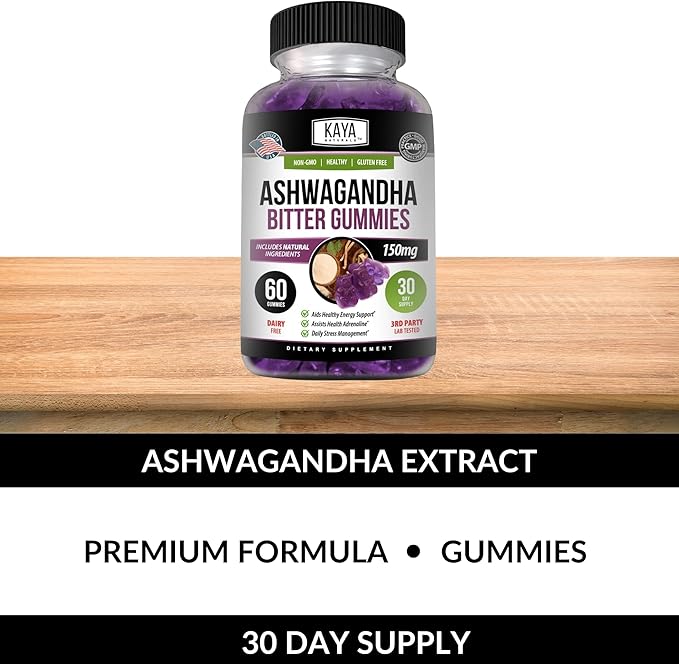 Kaya Naturals Ashwagandha Bitter Gummies - Natural Stress Relief, Boost Energy & Mental Clarity, Non-GMO, Gluten-Free, Chewable Gummies - 60 Count