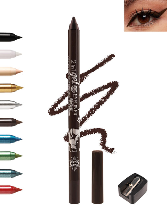 Brown Gel Eyeliner Pencil, Sharpenable Eye Liner Waterproof Smudge proof Long Lasting, Matte Gel Cream Smooth Texture, Intense Color Waterline Eyeliner Pen Makeup with Sharpener, Delineador De Ojos-06