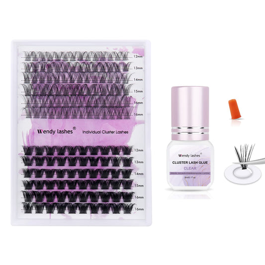 Clear Cluster Lash Glue 2-3s Fast Drying Waterproof and 2 Style Wide-stem Lash Clusters C/D Curl Thin Band Cluster Lashes
