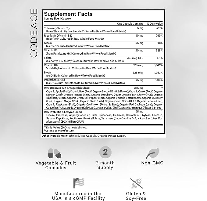 Codeage Raw Vitamin B-Complex Supplement - Essential B Vitamins with Probiotics, Digestive Enzymes, Fruits & Vegetables - 2-Month Supply - Methylfolate - Biotin - Vitamin B12 - Non-GMO - 60 Capsules