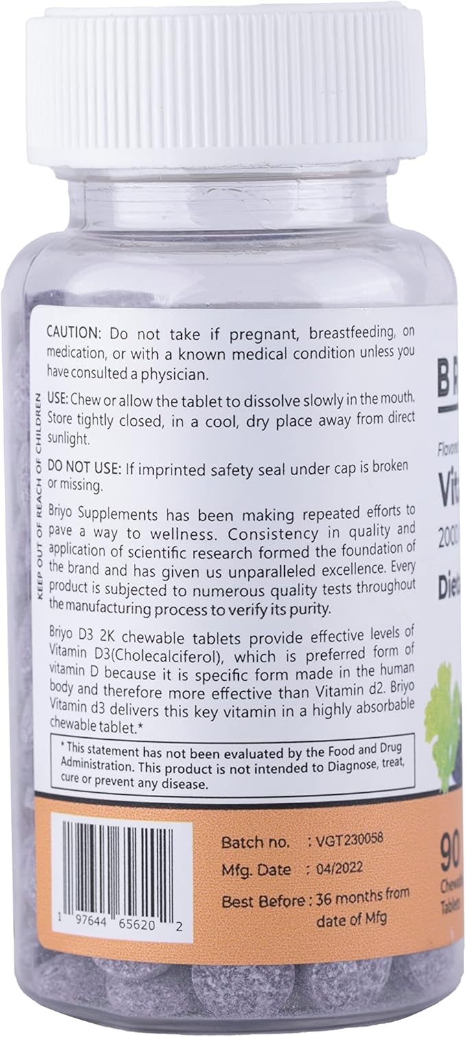 Briyo Vitamin d3 chewable Tablet - 2000 IU (50 mcg Per Serving) - Delicious Natural Grape Flavor, 90 Count
