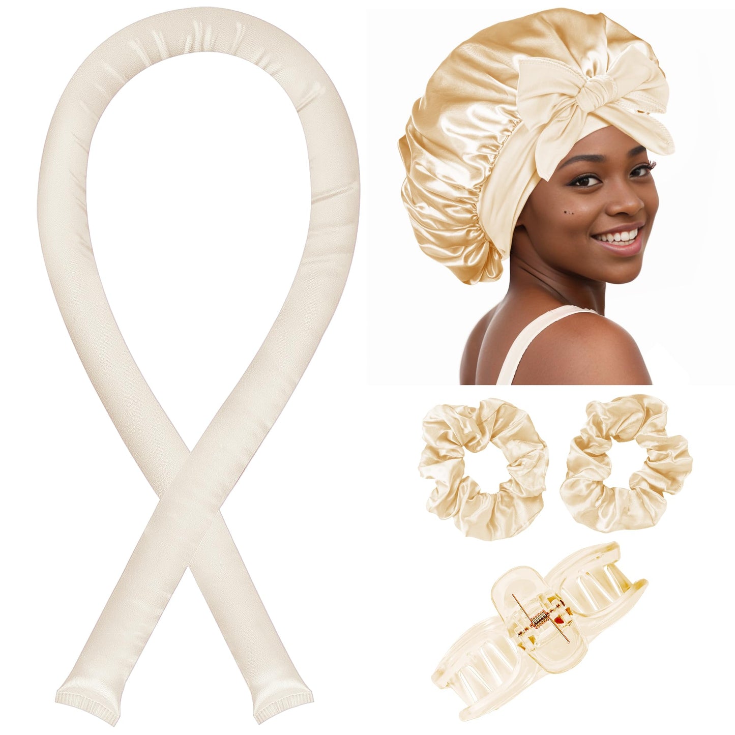 Heatless Hair Curler,Blowout Heatless Curls Overnight,No Heat Curling Rod Set with Silk Bonnet for Sleep in,Champagne