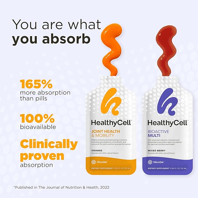 Healthycell Bioactive Multi + Joint Health & Mobility Bundle - Complete Daily Vitamin for Men and Women + Joint Lubrication Supplement - Maximum Absorption Liquid Supplements - 30 Gel Packs x 2