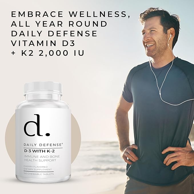 Immune Defense Supplements Vitamin D3 K2 2000IU for Heart Health, Daily Immune Support, Mental Clarity, & Muscle Function - 100 Chewable Tablets