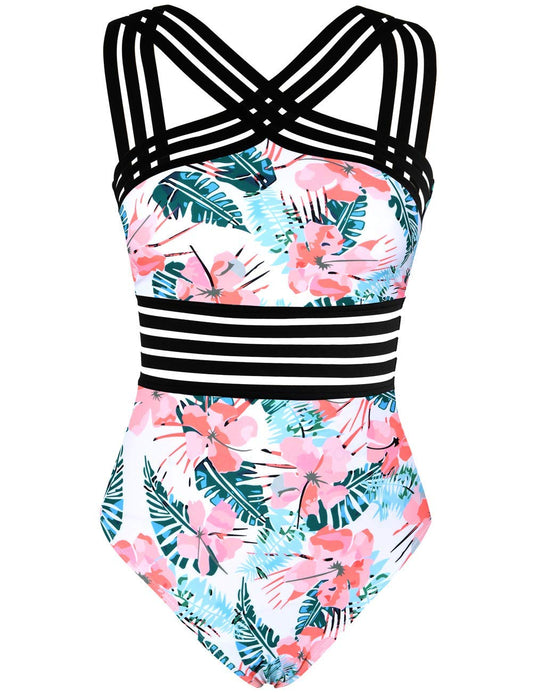 Hilor Women's One Piece Swimwear Front Crossover Swimsuits Hollow Bathing Suits Monokinis Pink&Blue Floral L/US10-12