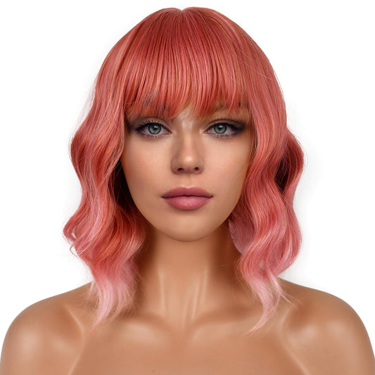 LANCAINI Short Bob Wigs with Bangs for Women Loose Wavy Wig Curly Wavy Shoulder Length Bob Synthetic Cosplay Wig for Girl Colorful Costume Wigs (Dark Pastel Pink)