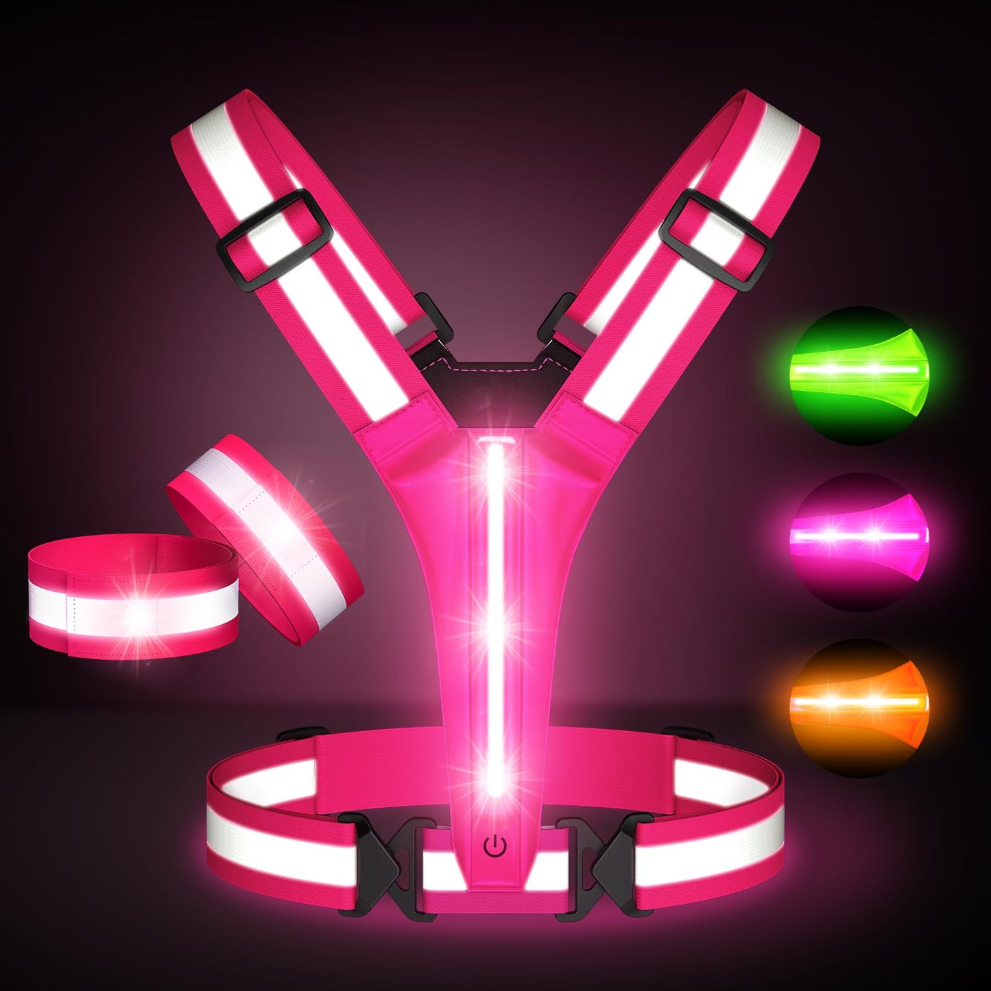 Led Light Up Running Vest Reflective Vest for runners night walking, Rechargeable LED Reflective Running Vest High Visibility with Adjustable Waist/Shoulde, Reflective Armband for Women Men (Pink)