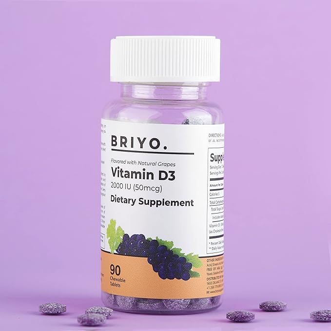 Briyo Vitamin d3 chewable Tablet - 2000 IU (50 mcg Per Serving) - Delicious Natural Grape Flavor, 90 Count