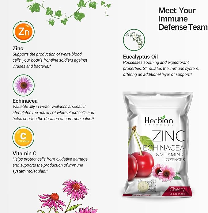 HERBION Naturals Zinc, Echinacea & Vitamin C Lozenges with Cherry Flavor, 25 CT - Dietary Supplement for Adults & Children 5+ - Promotes Wellness for The Whole Family - (Pack of 5) (125 Lozenges)