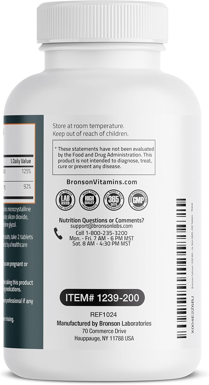 Bronson Calcium 1200mg Per Serving Plus Vitamin D3 1000 IU High Potency Formula, Non-GMO, 200 Tablets
