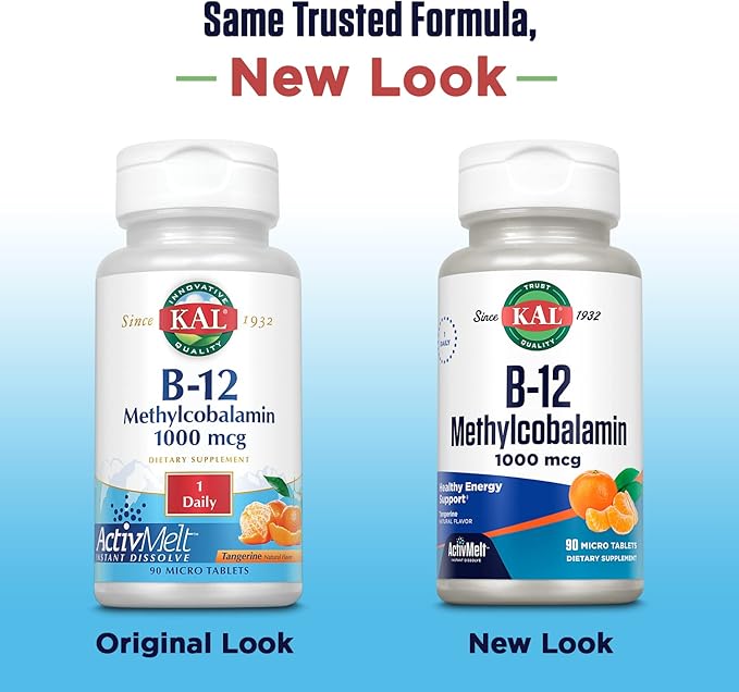 KAL Vitamin B12 Methylcobalamin 1000mcg, Healthy Energy, Metabolism, Nerve & Red Blood Cell Support,* Fast Dissolve ActivMelt, Optimal Absorption, Natural Tangerine Flavor, 90 Servings, 90 Micro Tabs