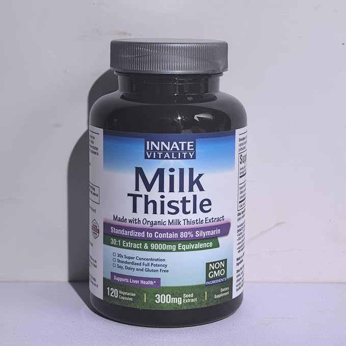 Innate Vitality 30:1 Organic Milk Thistle Supplement, 9000mg Equivalent (300mg Extract), 80% Silymarin Flavonoids, Liver Health, Detox & Cleansing, Made in USA, Non-GMO, 120 Veggie Capsules