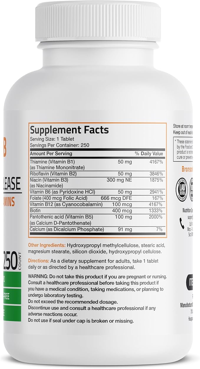 Bronson Super B Vitamin B Complex Sustained Slow Release (Vitamin B1, B2, B3, B6, B9 - Folic Acid, B12) Contains All B Vitamins 250 Tablets
