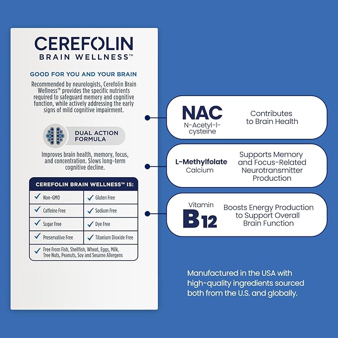 Brain Wellness, Targeted Nutrition for Cognitive Support, Improves Memory, Focus & Concentration, L-Methylfolate, NAC, B12, Neurologist Recommended (60 Count)