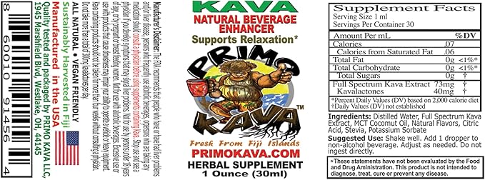 Kava Drops | Water Soluble Kava Extract | Concentrated Tincture Beverage Enhancer | Authentic Kava Kava from Fiji, 40mg Kavalactones | 1oz