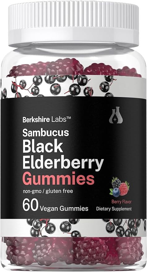 Horbaach Sambucus Black Elderberry Gummies | 60 Count | with Zinc and Vitamin C | Vegan, Non-GMO, Gluten Free Extract for Adults | Berry Flavor | by Berkshire Labs