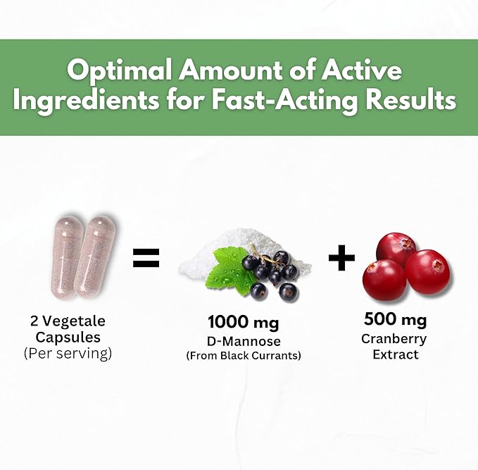 D-Mannose with Cranberry Extract Capsules 1500mg – High Potency USP Grade D-Mannose Supplement with Whole Fruit Cranberry Powder – Urinary Tract Support – Non-GMO 60 Capsules