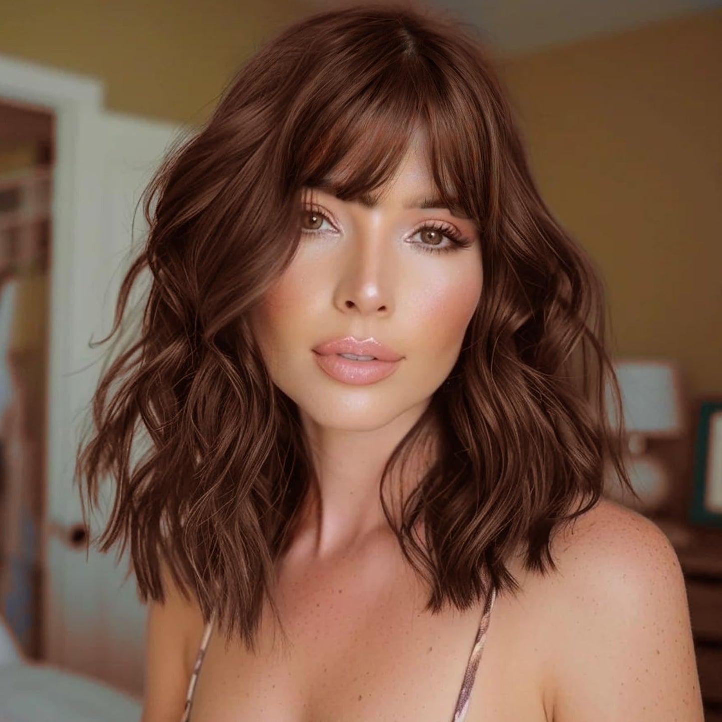 Lativ Reddish Brown Wig with Bangs Short Wavy Wigs for Women Shoulder Length Curly Bob Wigs Heat Resistant Synthetic Wigs for Halloween Cosplay Daily Party Use 14 Inches