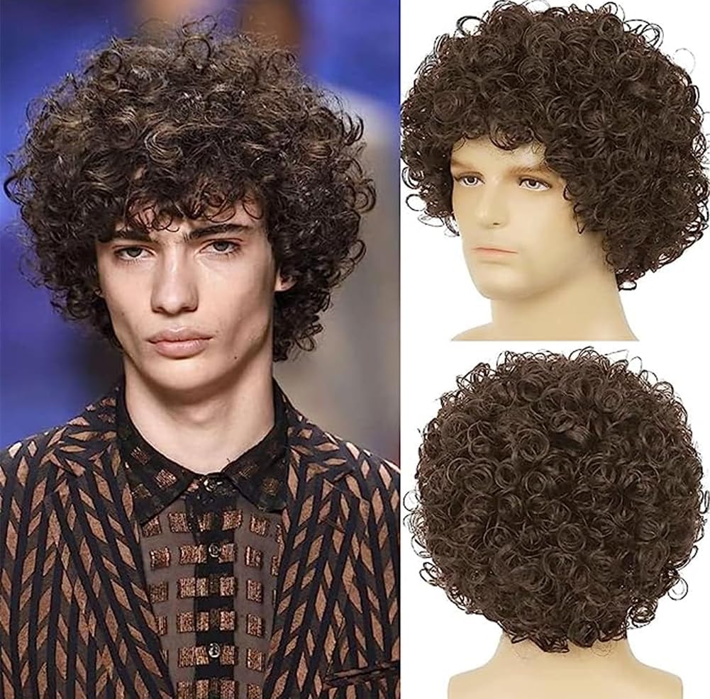 Dai Cloud Short Brown Curly Afro Wigs for Men Fluffy Rocker Synthetic Wigs for Cosplay Costume Wigs(Dark Brown)