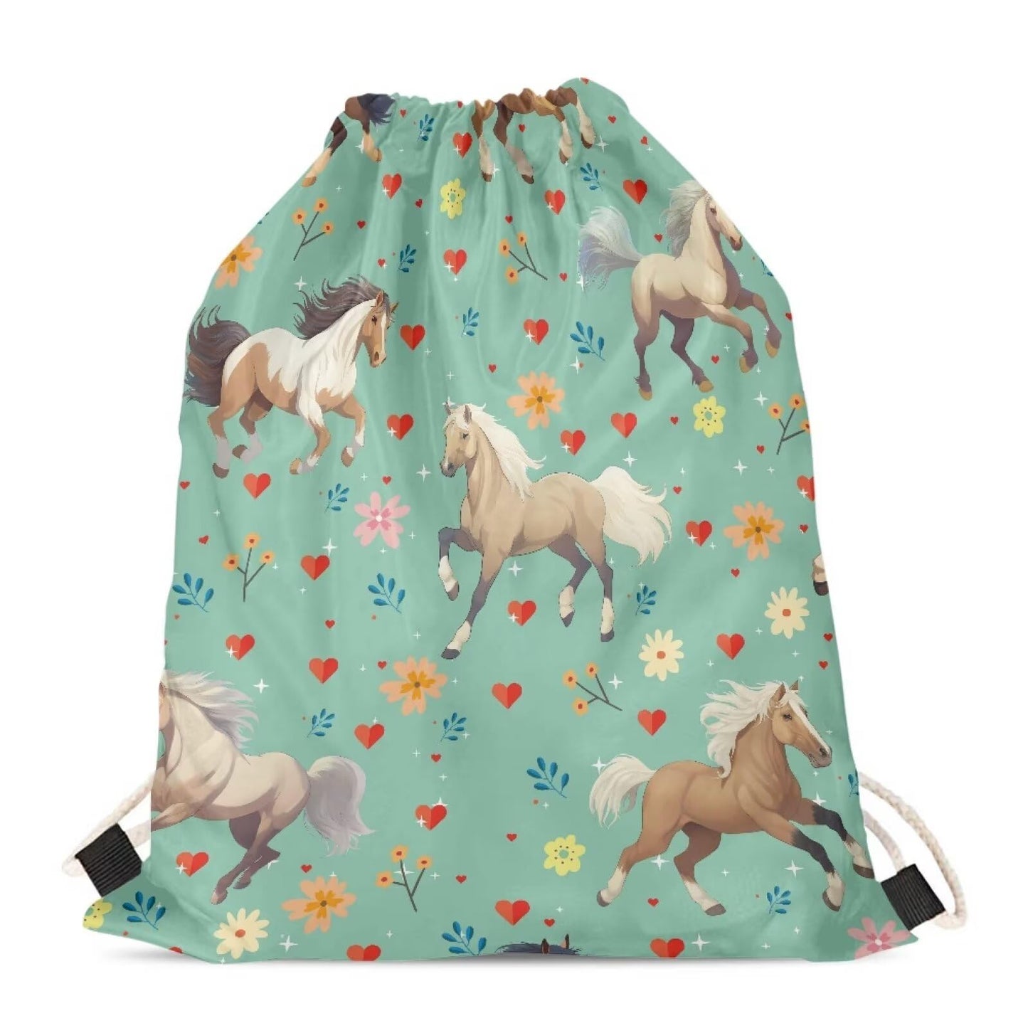 COEQINE Horse Drawstring Gym Bag for 8-12 Kids Girls Boys, Large Capacity Novelty Horse Green Floral Print School Backpack for Childern