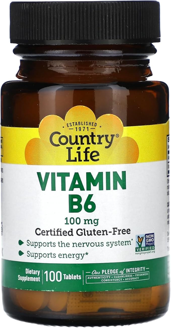 Country Life Vitamin B-6, Supports Energy and The Nervous System, 100mg, 100 Vegan Capsules, Certified Gluten Free, Certified Vegan, Certified Halal, Non-GMO Verified…
