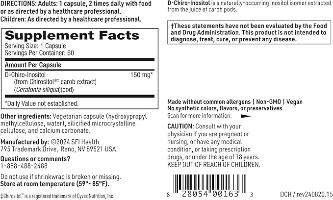 Klaire Labs D-Chiro-Inositol - 150 Milligrams Hypoallergenic Supplement (60 Capsules)