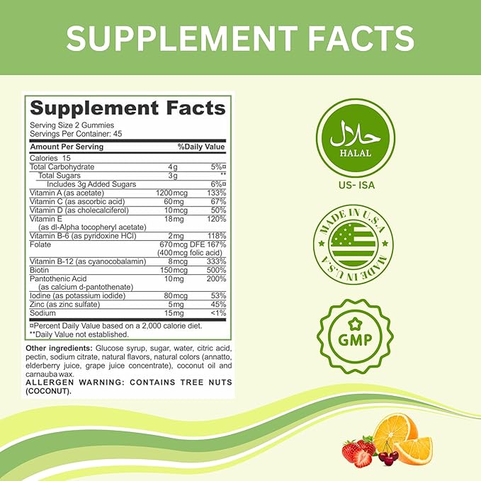 Greenfield Nutritions Halal Multivitamins for Adults | 90 Halal Vitamins for Women & Men | All Essential Gelatin Free Halal Gummy Vitamin, Mineral, Folic Acid, Biotin, Gluten Free, Non-GMO, Vegetarian