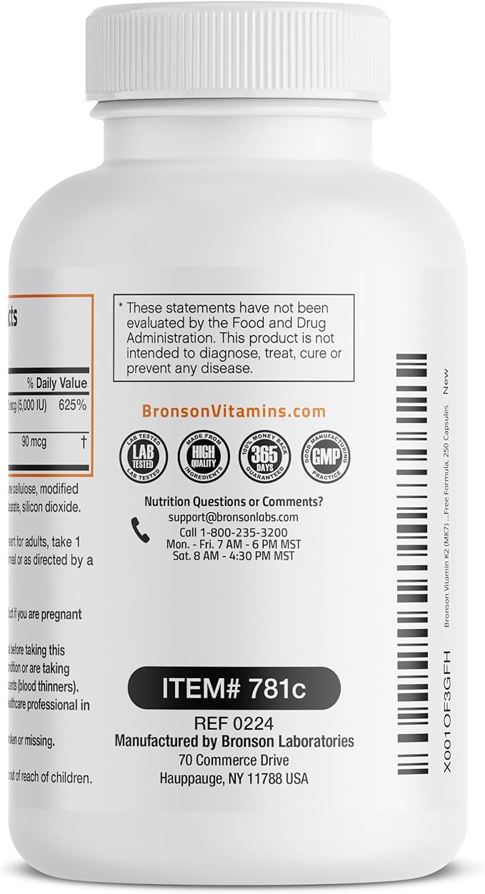 Bronson Vitamin K2 (MK7) with D3 Supplement Non-GMO Formula 5000 IU Vitamin D3 & 90 mcg K2 MK-7 Easy to Swallow D & K Complex, 250 Capsules