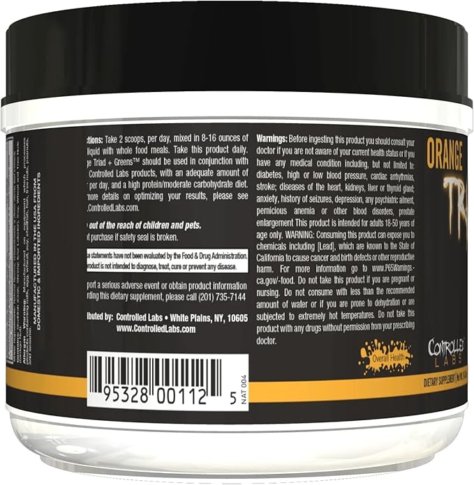CONTROLLED LABS Orange Triad Plus Greens for Men and Women, 30 Servings Iron Free Sports Supplement for Overall Health, Multivitamin, Digestion, Immune System, and Joint Health