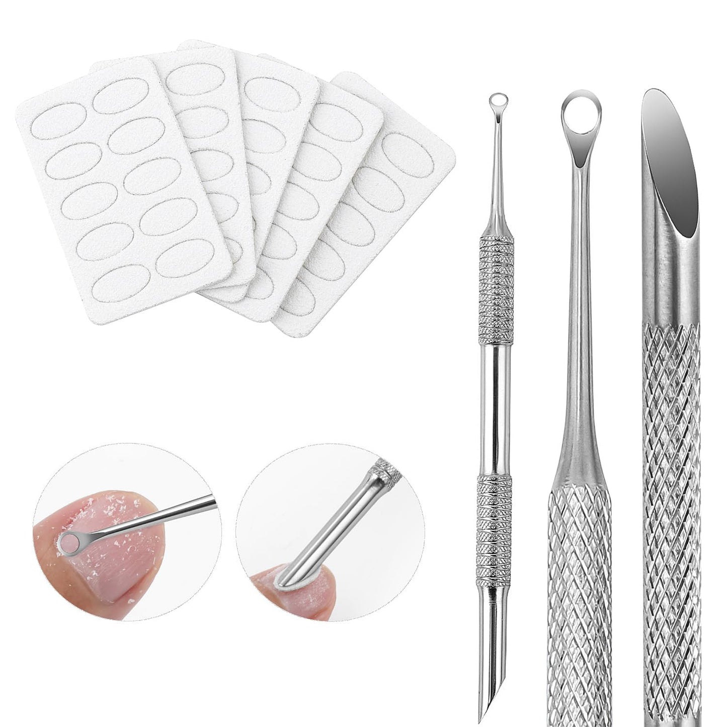 KACHIMOO Cuticle Pusher with 2 Ends,Pre-treatment Cuticle Pusher Cuticle Remover with Sandpaper Sheets,Nail Art Dead Skin Removing Manicure Tool (1 Cuticle Pusher+5 Sandpaper Sheets)