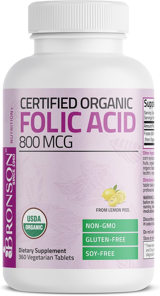 Bronson Organic Folic Acid (Vitamin B9 Folate) 800 mcg Natural Folate from Lemon Peel 360 Tablets