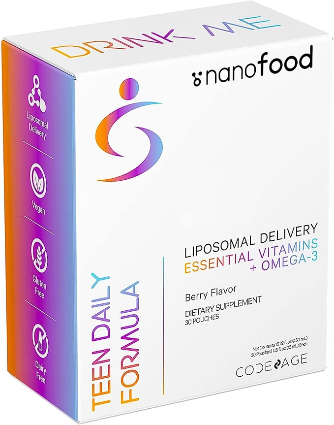 Codeage Multivitamins For Teens, Liquid Vitamin C for Teenagers, Vitamin A B6 B12 D3 E For Kids, Biotin Zinc Omega-3 Folate, Liposomal Vitamins Supplement, One Daily Sachet, Vegan, Non-GMO, 30 Pouches