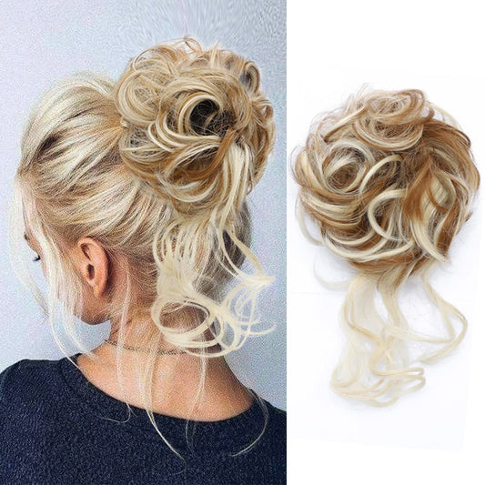 KETHBE Messy Bun Hair Piece Tousled Updo Hair Buns Extension Elastic Hair Band Hair Pieces Curly Hair Bun Scrunchie For Women (Light Brown Mix Bleach Blonde)